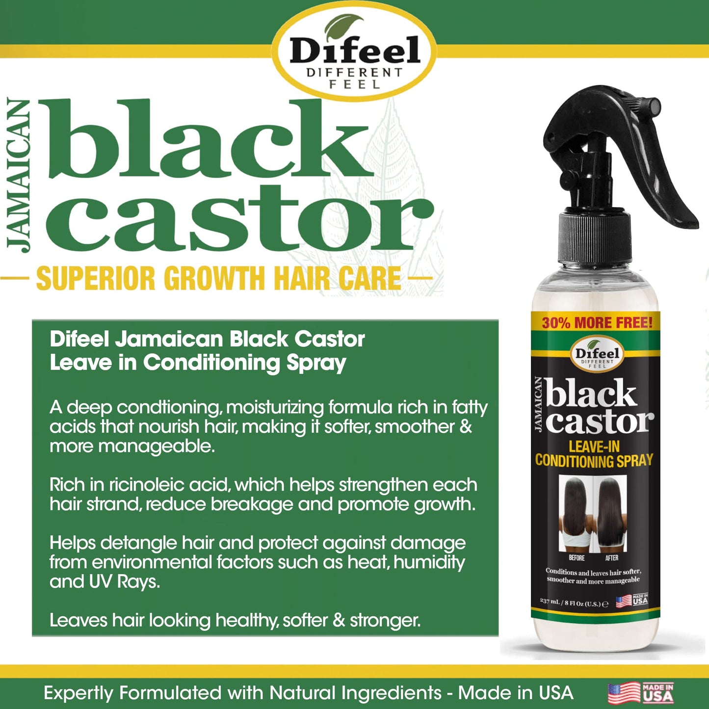 Difeel Jamaican Black Castor Leave-in Conditioning Spray 8 oz. - Hair Oil Spray for Hair Growth, Moisturizing, Hair Thickening, Detangling Treatment
