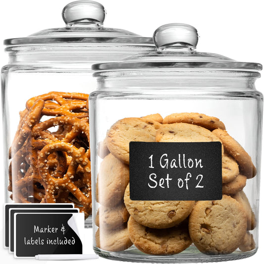 1 Gallon Glass Cookie Jars + Labels & Marker - Set of 2 Canister Sets for Kitchen Counter with Airtight Lids, Sugar Packet Holders Food Storage…