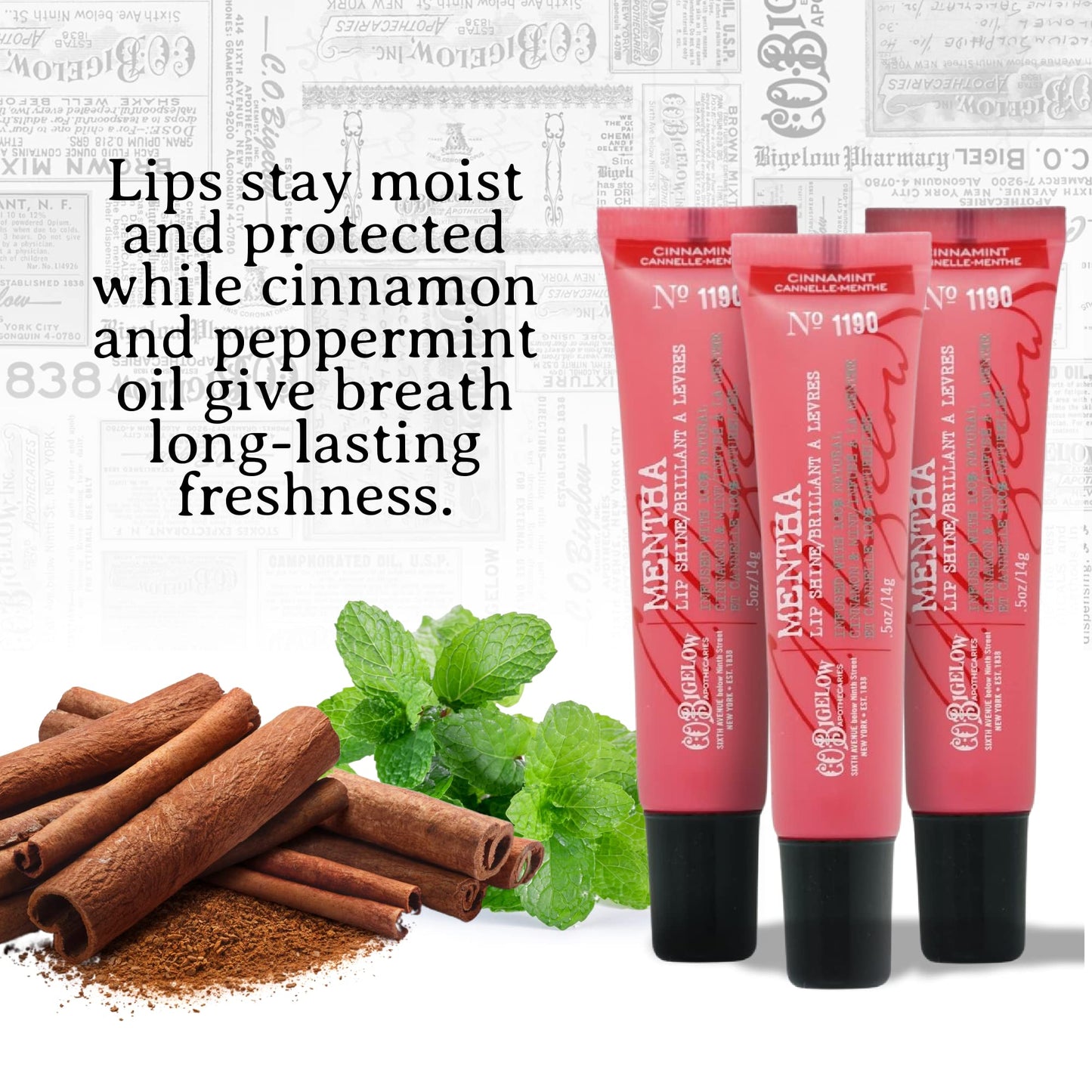 C.O. Bigelow Cinnamint Mentha Lip Shine Balm Tubes, Pack of 3 Bulk Lip Gloss with Cinnamon & Peppermint Oil, High Gloss Shine Finish, 0.5 oz