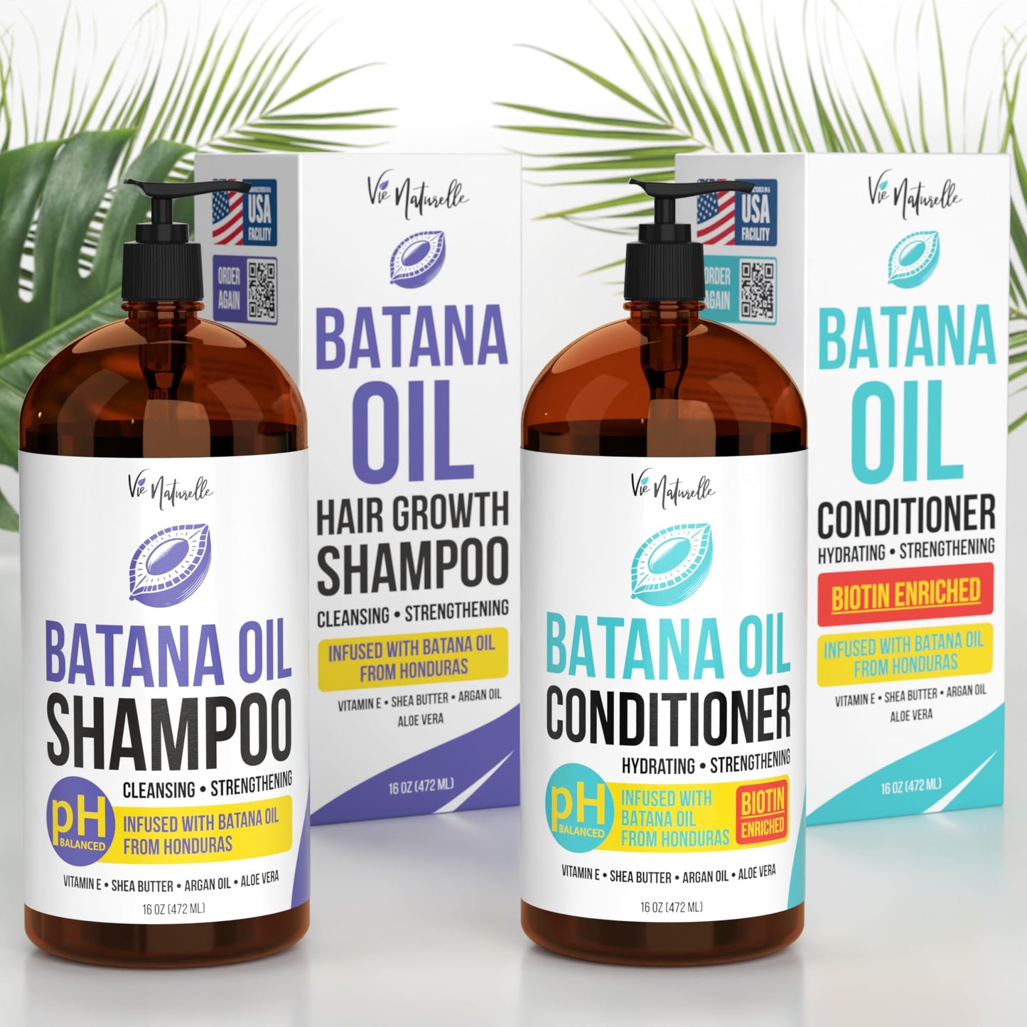 Vie Naturelle Hair Growth Shampoo and Conditioner Set - Batana Oil for Thinning Hair Men Women - 16 oz Each
