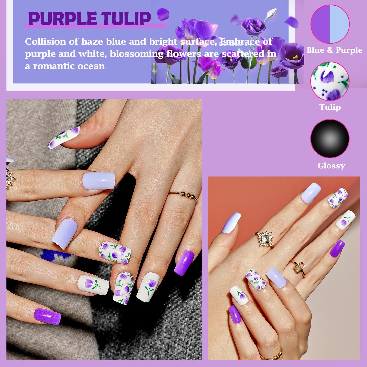 GLAMERMAID Dark Purple Press on Nails Medium Square, Floral Blossom Deep Purple Gel False Nals, Tulip Glue on Nails Kit for Women, Natural Lavender