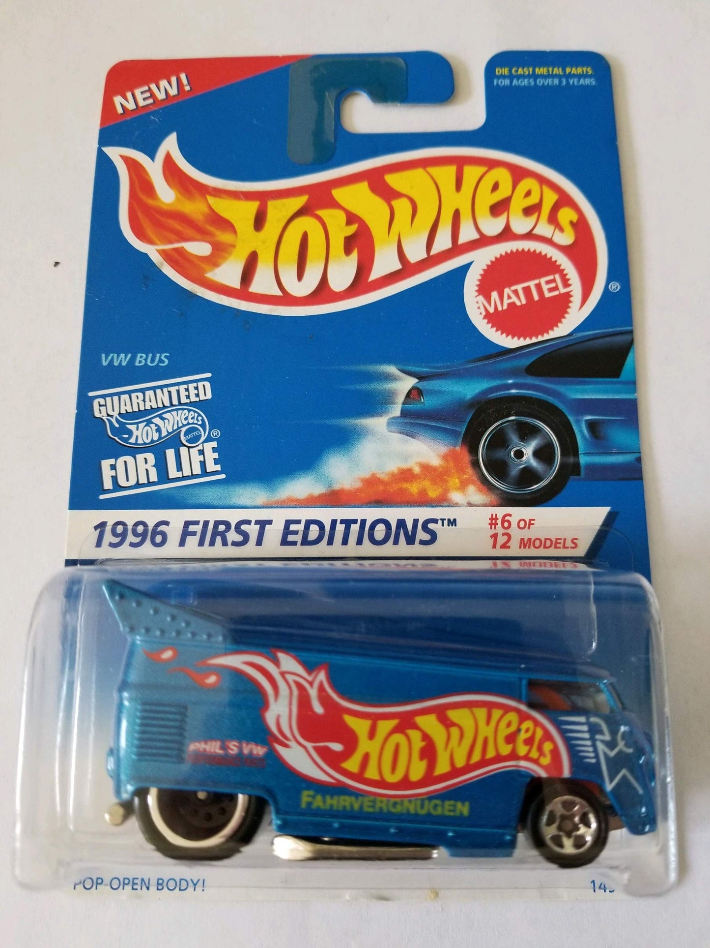 Hot Wheels - 1996 First Editions - #6 of 12 - VW (Volkswagen) Bus - Blue Body Color w/graphics - Collector #372