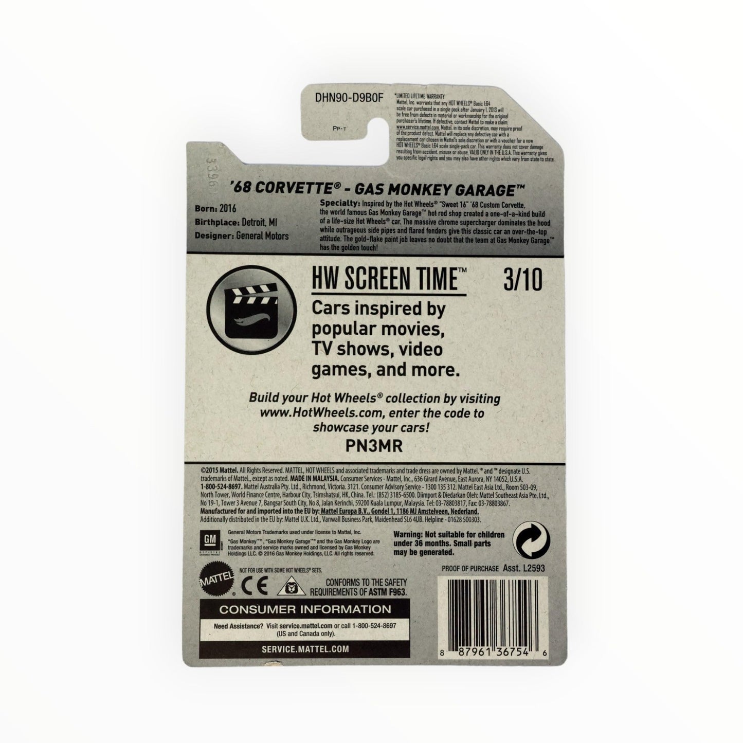 Hot Wheels 2017 Hw Screen Time '68 Corvette Gas Monkey Garage 99/365, Gold, 1:64 Scale, Multi