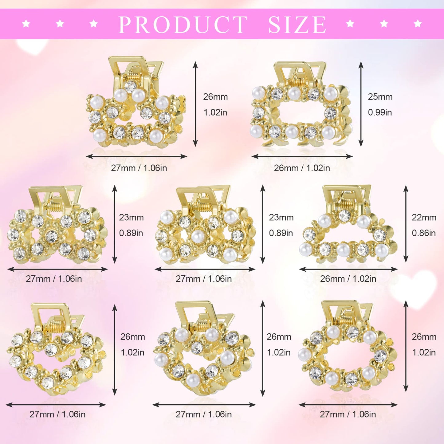 8 PCS Mini Pearl Hair Clips, PAGOW Gold Rhinestone Pearl Metal Claw Clips, Bangs Styling Claw Clips, Faux Pearls Crystal Sparkly Hairpins Hair