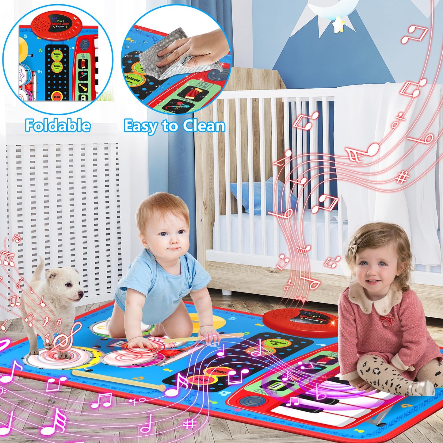 2-in-1 Musical Mat Toy – Piano Keyboard & Drum Set with Sticks, Educational Learning Toy for Boys & Girls Ages 1–5, Blue