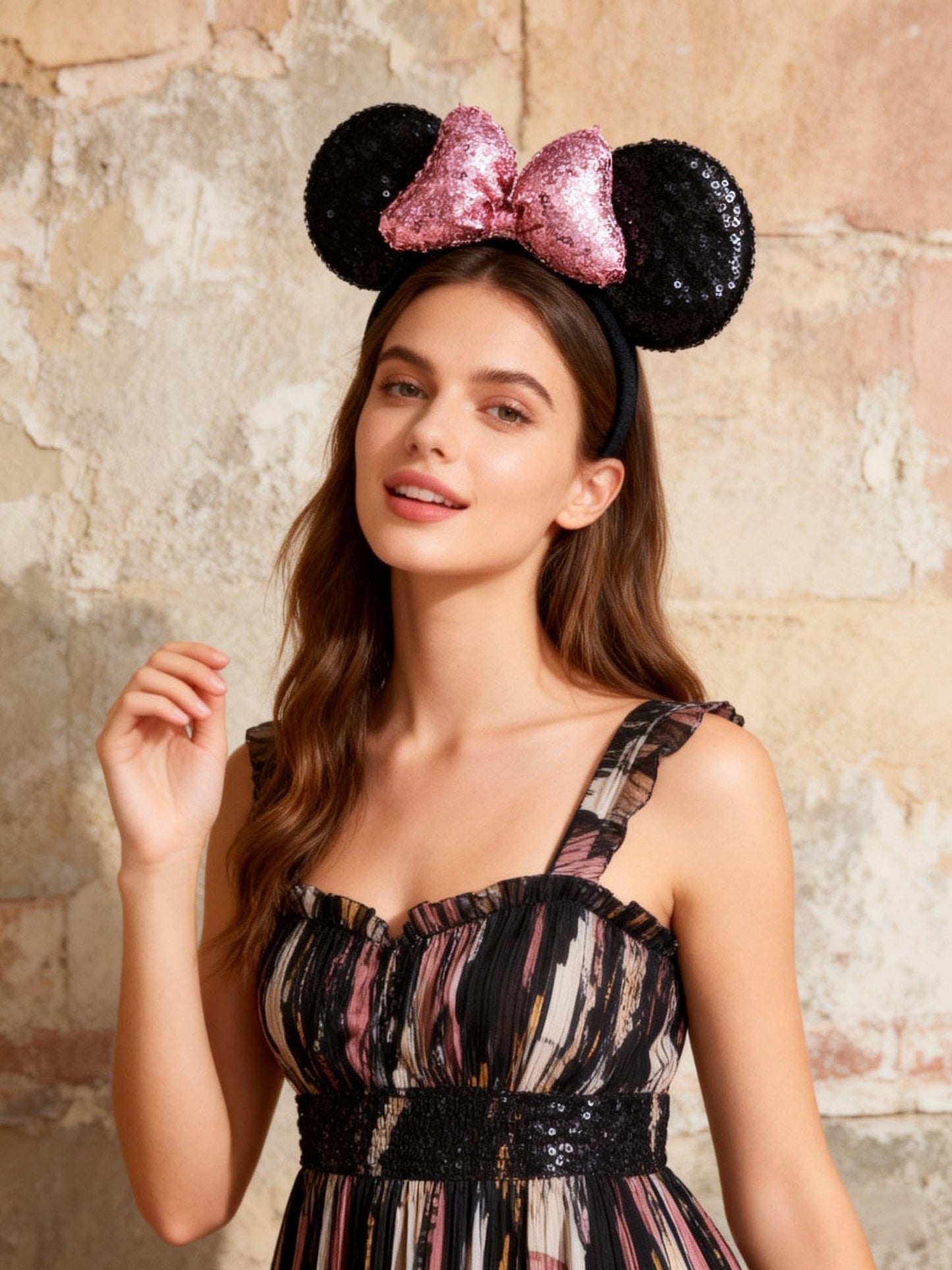 A Miaow 3D Black Mouse Sequin Ears Headband MM Glitter Butterfly Hair Clasp Park Supply Adults Women Photo Accessory (Black and Pink)