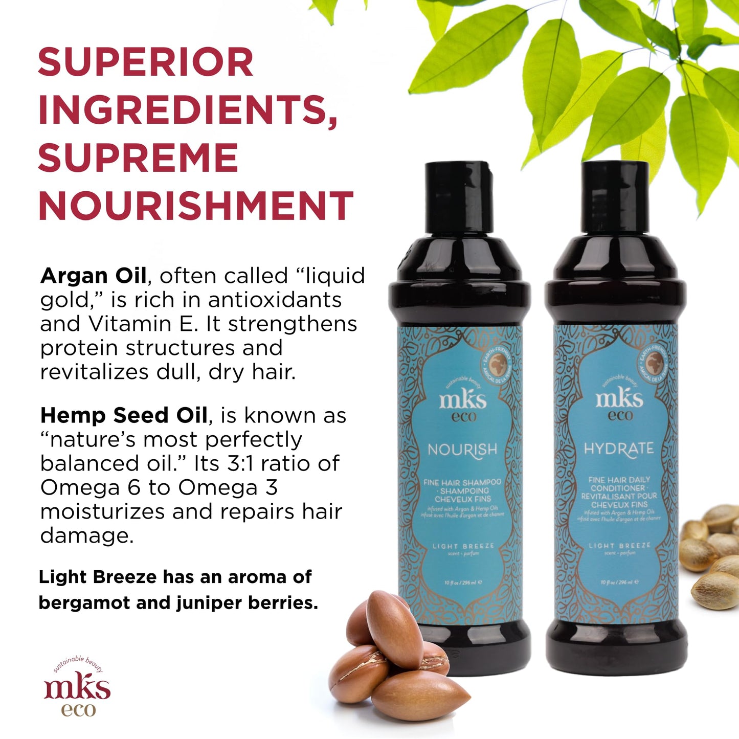 MKS eco Nourish Shampoo for Fine Hair, Light Breeze (10 fl oz) + MKS eco Hydrate Conditioner for Fine Hair, Light Breeze (10 fl oz) - Moroccan Argan