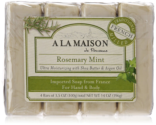 A LA MAISON Rosemary Mint Bar Soap - Triple French Milled Natural Moisturizing Hand Soap Bar (4 Bars of Soap, 3.5 oz)