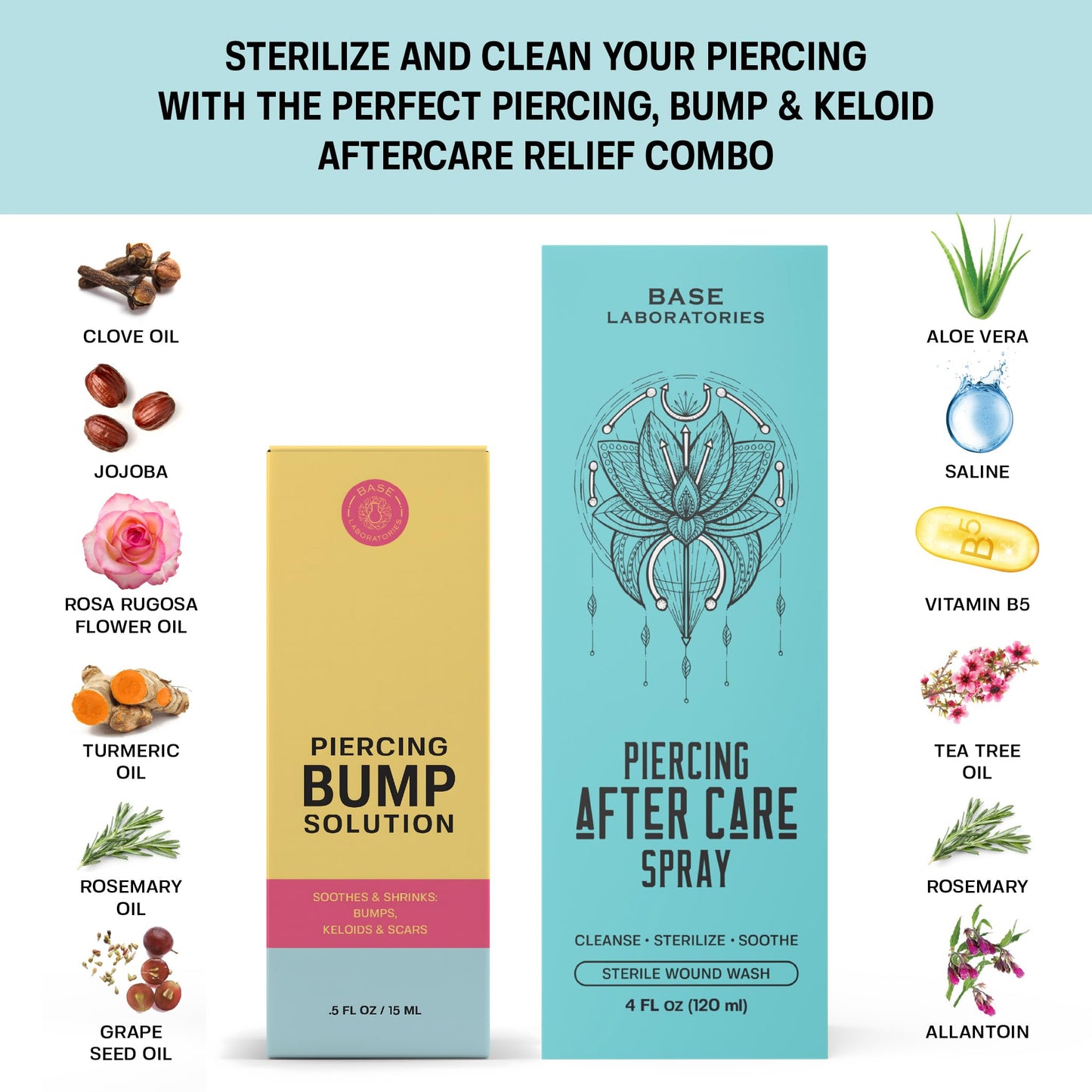 BASE LABORATORIES Piercing Aftercare Kit: Keloid & Piercing Bump Solution Oil(15ml) + Piercing Aftercare Spray (4oz) - for Keloid Bump Removal Beauty and Personal Care BASE LABORATORIES