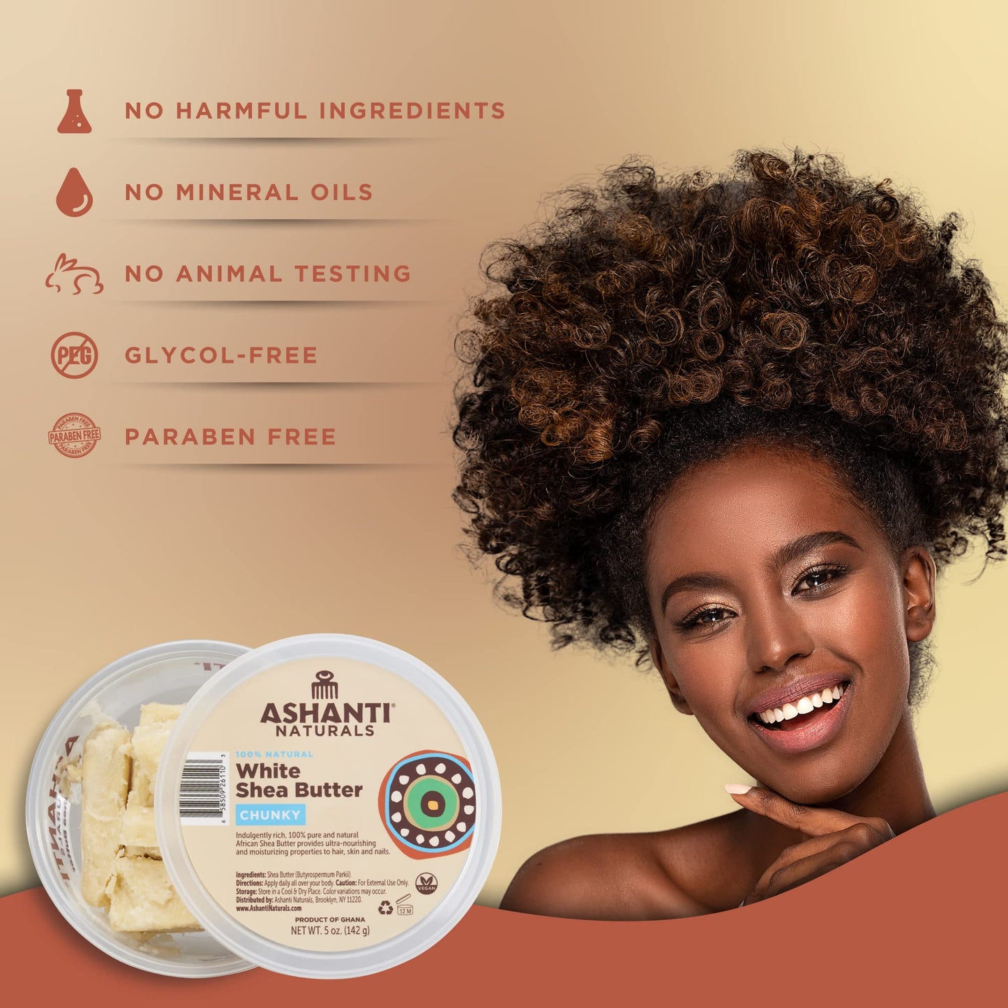 Ashanti Naturals White Chunky Raw Shea Butter | Unrefined African Shea Butter from Ghana | 100% Natural Moisturizer, No Additives - 5 oz