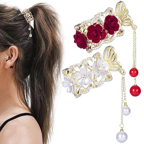 HINZIC 2pcs High Ponytail Hair Claw Clips, 2inch Rose Crystal Rhinestone Hair Clips Vintage Barrettes Cuff Chinese Hair Accessories for Thick Long