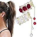HINZIC 2pcs High Ponytail Hair Claw Clips, 2inch Rose Crystal Rhinestone Hair Clips Vintage Barrettes Cuff Chinese Hair Accessories for Thick Long