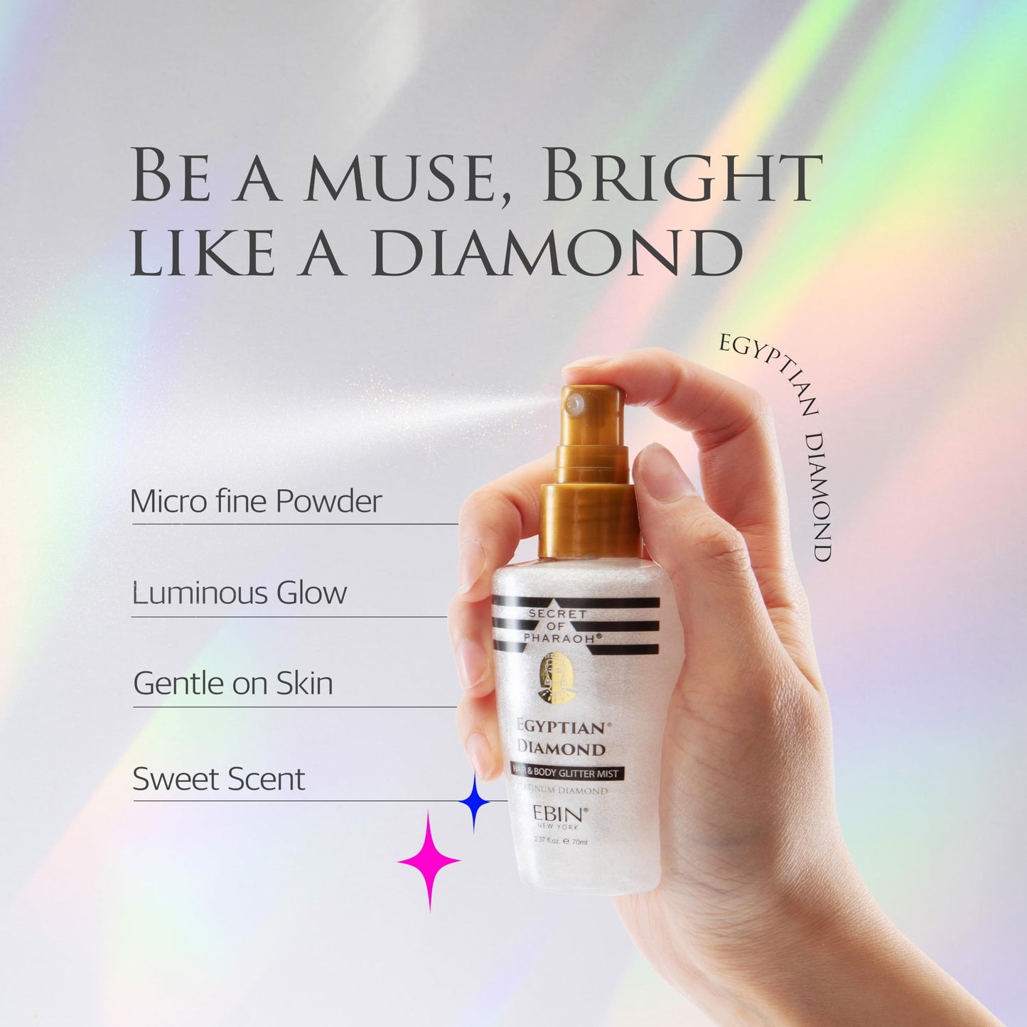 EBIN NEW YORK Egyptian Diamond Hair, Face & Body Glitter Mist - Gold 2.37oz | Quick-Drying, Long-Lasting Shiny Spray for Clothes, Rave, Festival