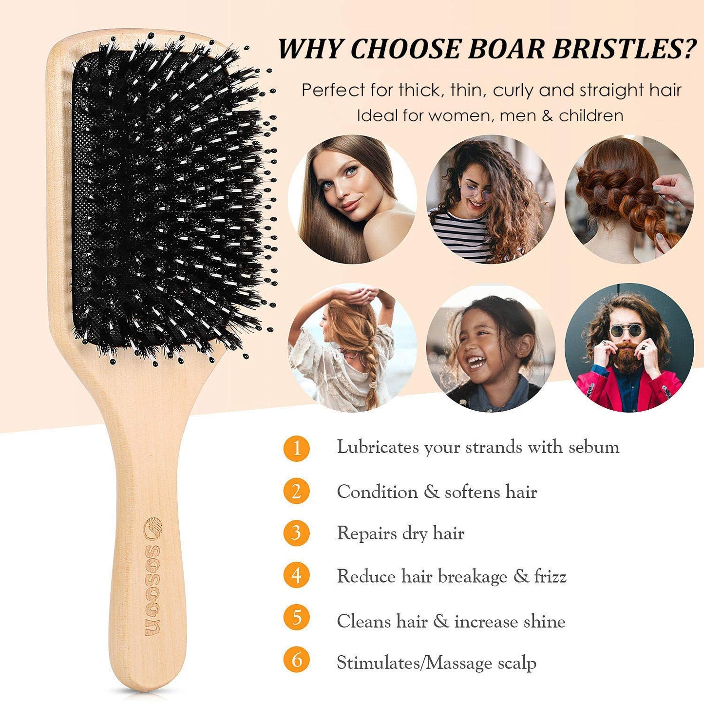 Hair Brush, Sosoon Boar Bristle Paddle Hairbrush for Long Short Thick Thin Curly Straight Wavy Dry Hair for Men Women Kids, No More Tangle, Giftbox Beauty and Personal Care Sosoon