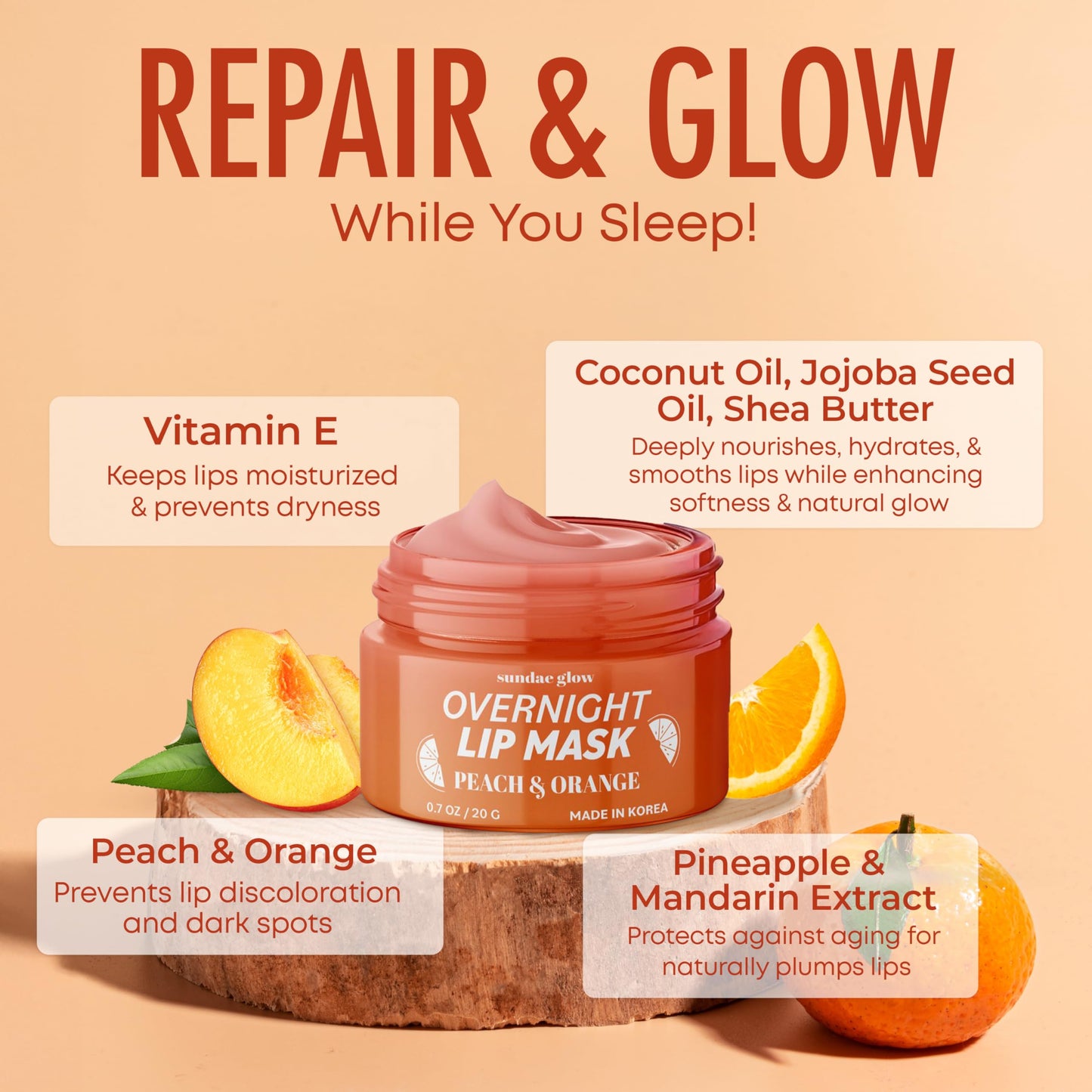 Sundae Glow Lip Mask with Peach & Orange - Hydration, Lip Repair for Dry Cracked Lips & Smoothing - Dermatologist Tested, Korean Lip Care - 95%