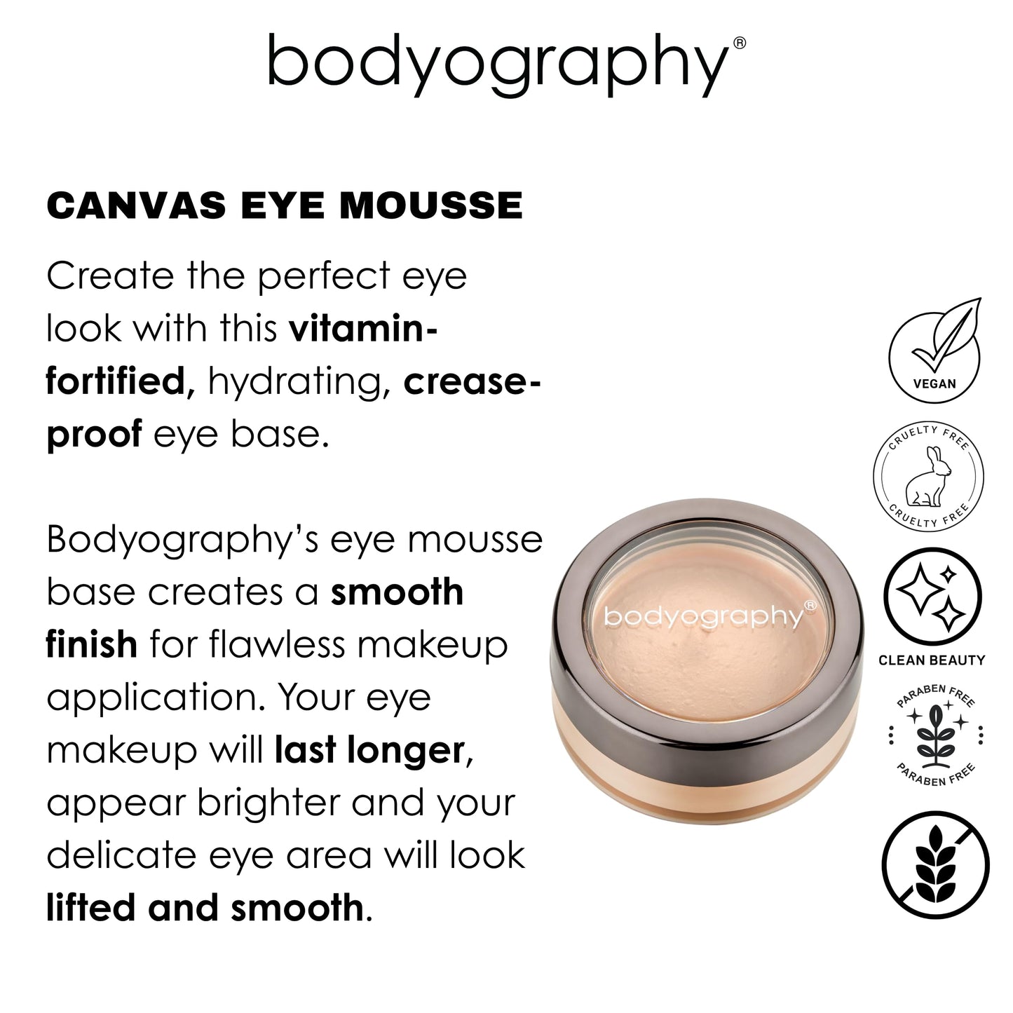 Bodyography Canvas Eye Mousse | Vitamin-Fortified Crease-Proof Eye Primer for Women | Conceals Redness, Softens Fine Lines, Enhances Eyeshadow