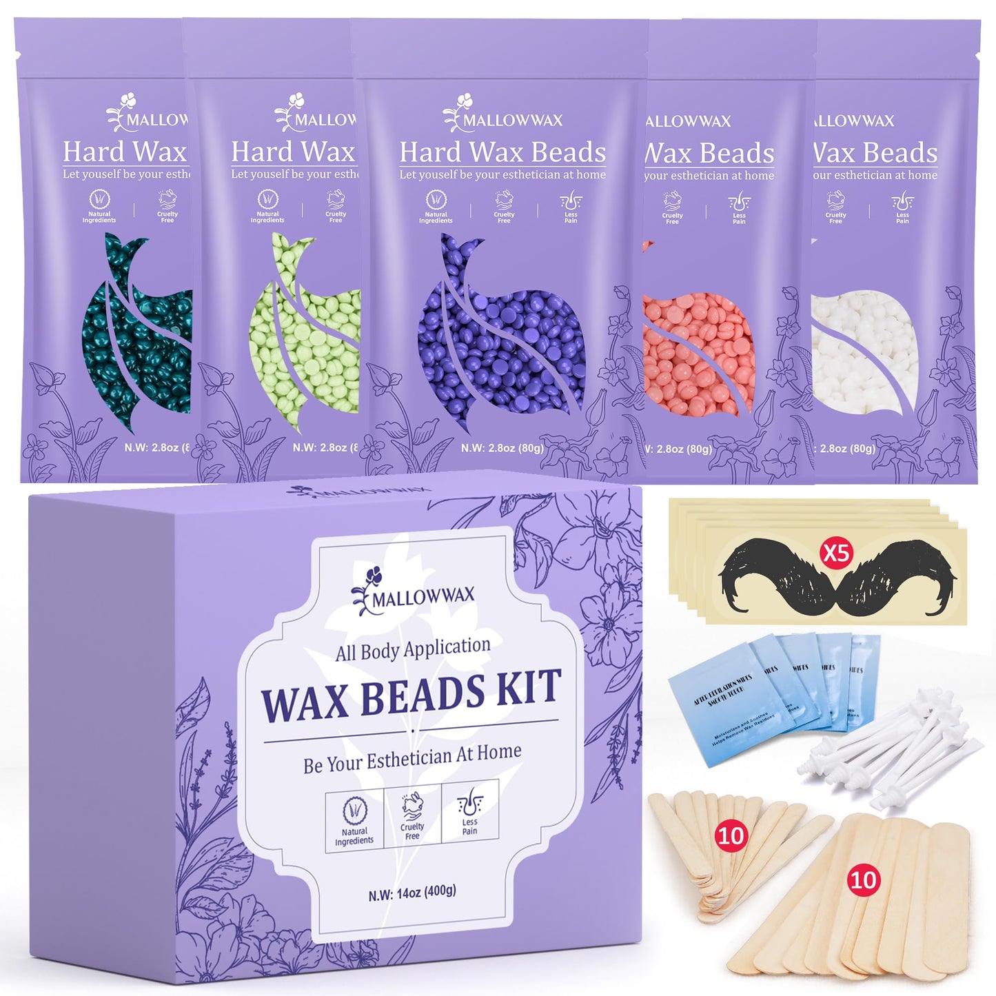Mallowwax Wax Beads for Hair Removal -5 Pack Hard Wax for Sensitive Skin, Ideal for Bikini, Brazilian, Face, Eyebrow, Legs, Armpit, Full Body Beauty and Personal Care Mallowwax Default Title