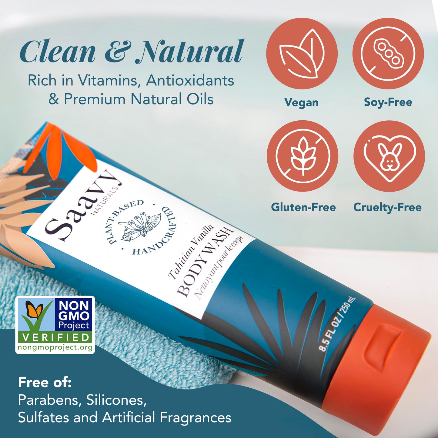 Saavy Naturals Moisturizing Body Wash for Sensitive Skin - Plant-Based & Pure with Coconut Oil, Shea Butter & Aloe Vera - Paraben-Free, Cruelty-Free