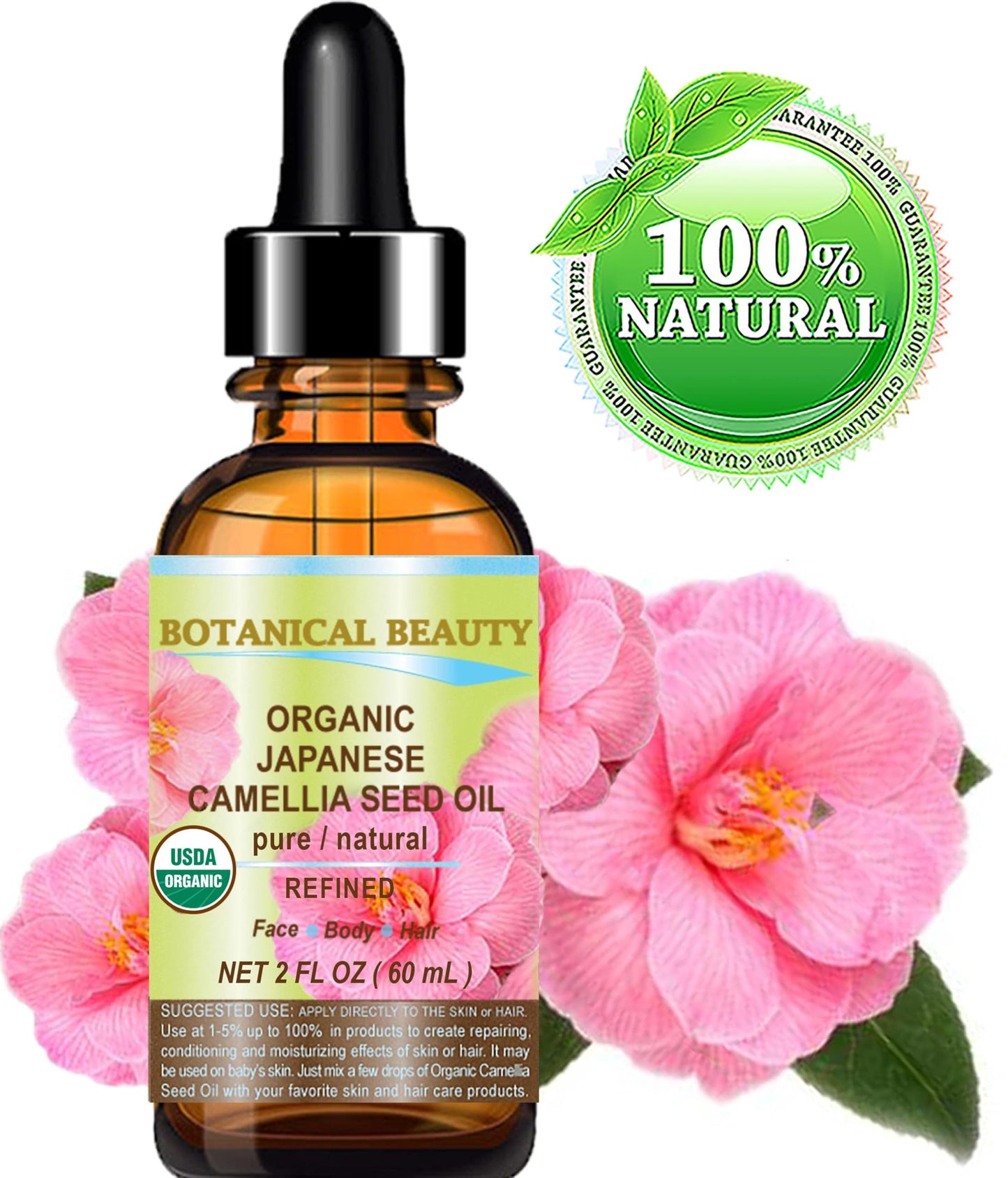 Botanical Beauty Japanese ORGANIC CAMELLIA Seed Oil. 100% Pure Natural Undiluted Refined Cold Pressed Carrier Oil to revitalize and rejuvenate the