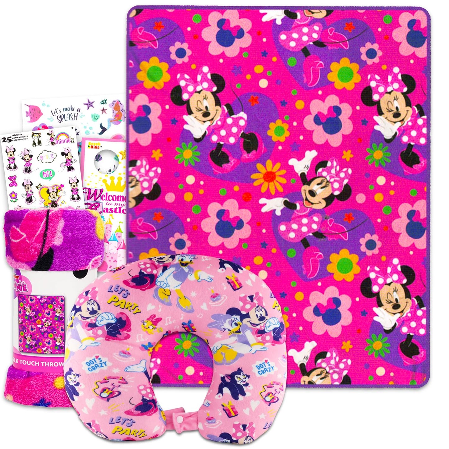 Disney Minnie Mouse Travel Blanket and Pillow Set - Bundle with 40"x 50" Throw Blanket, Neck Pillow, Stickers, More | Minnie Mouse Travel Accessories…