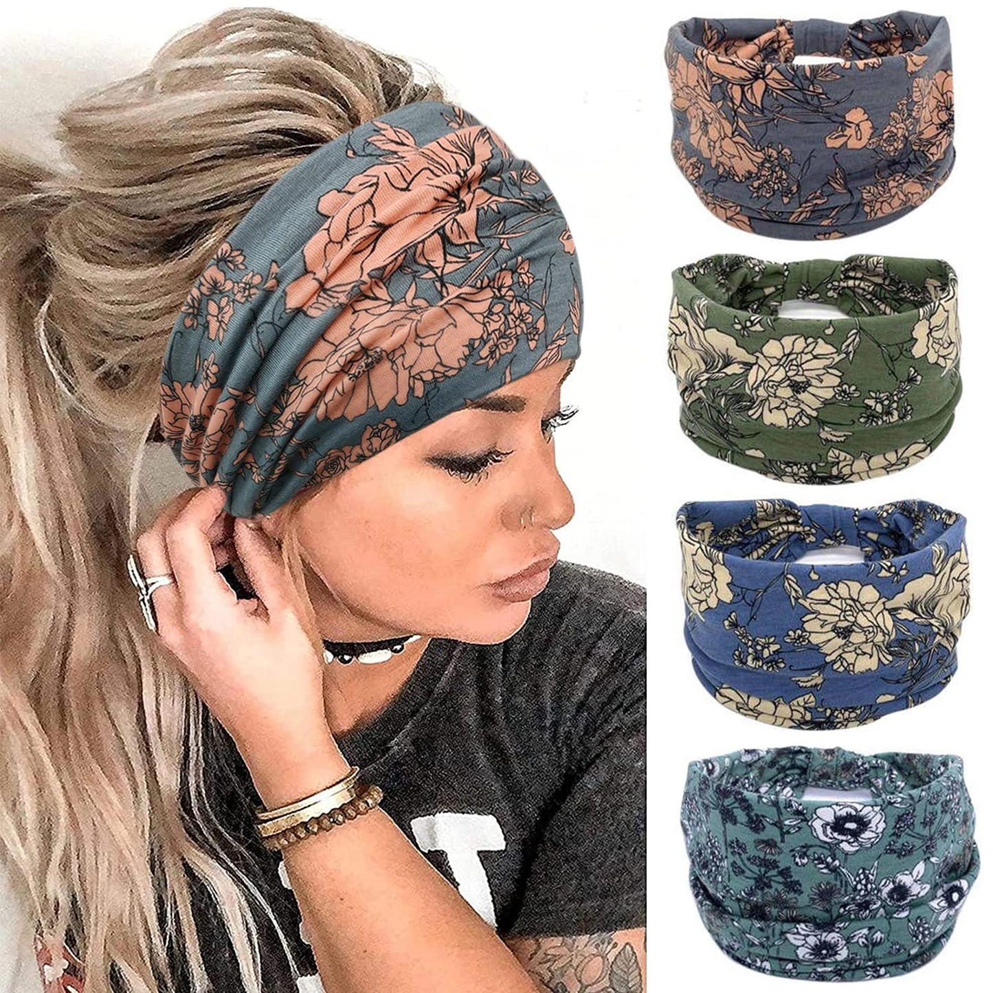 YONUF Wide Boho Headbands for Women Fashion Knotted Headband Yoga Workout Hair Accessories African Head Wrap 4 Pack Beauty and Personal Care YONUF Default Title