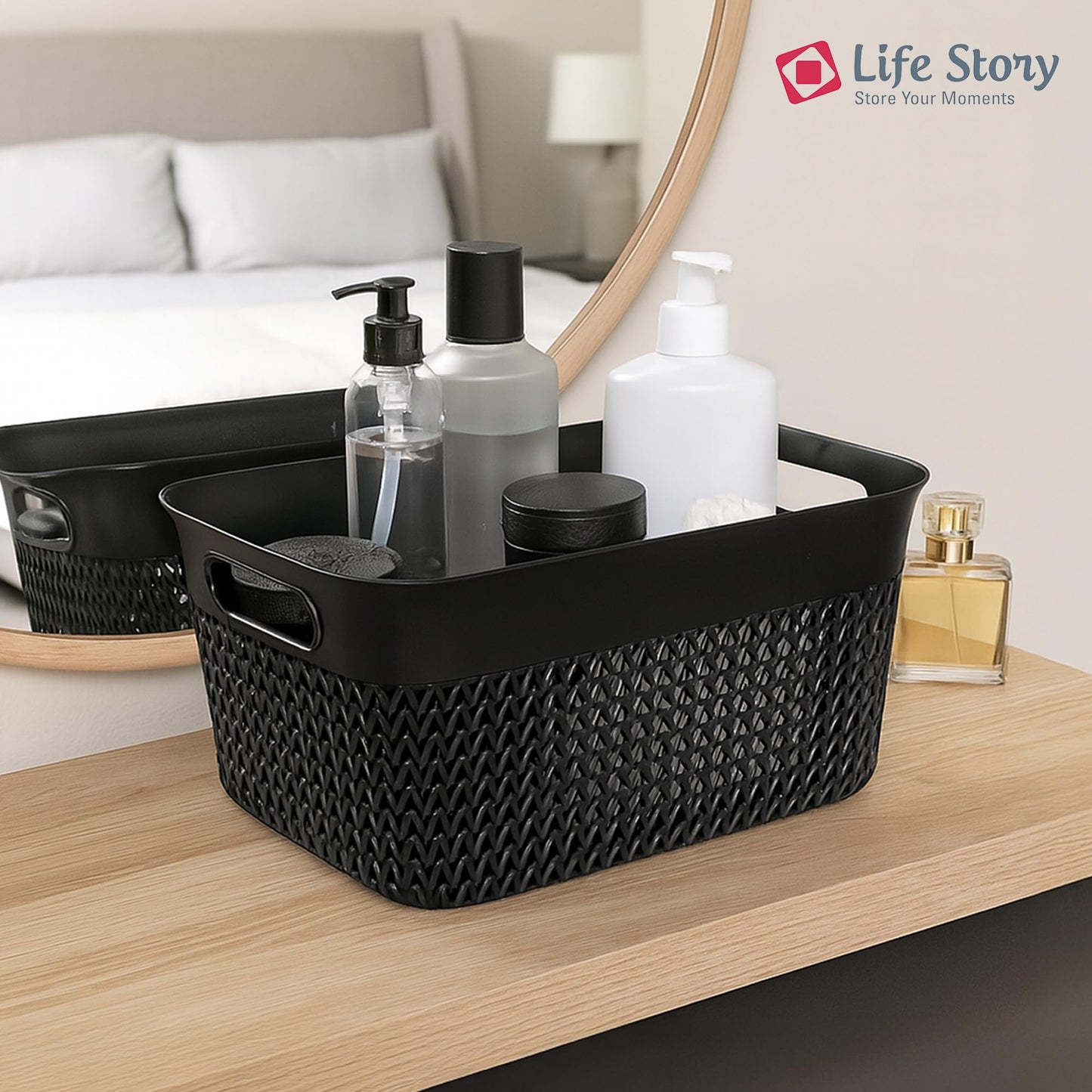 Life Story Medium Storage Basket, Decorative Plastic Home Organizer, Lightweight Versatile Tub with Built-In Handles, 10 Quart, Black