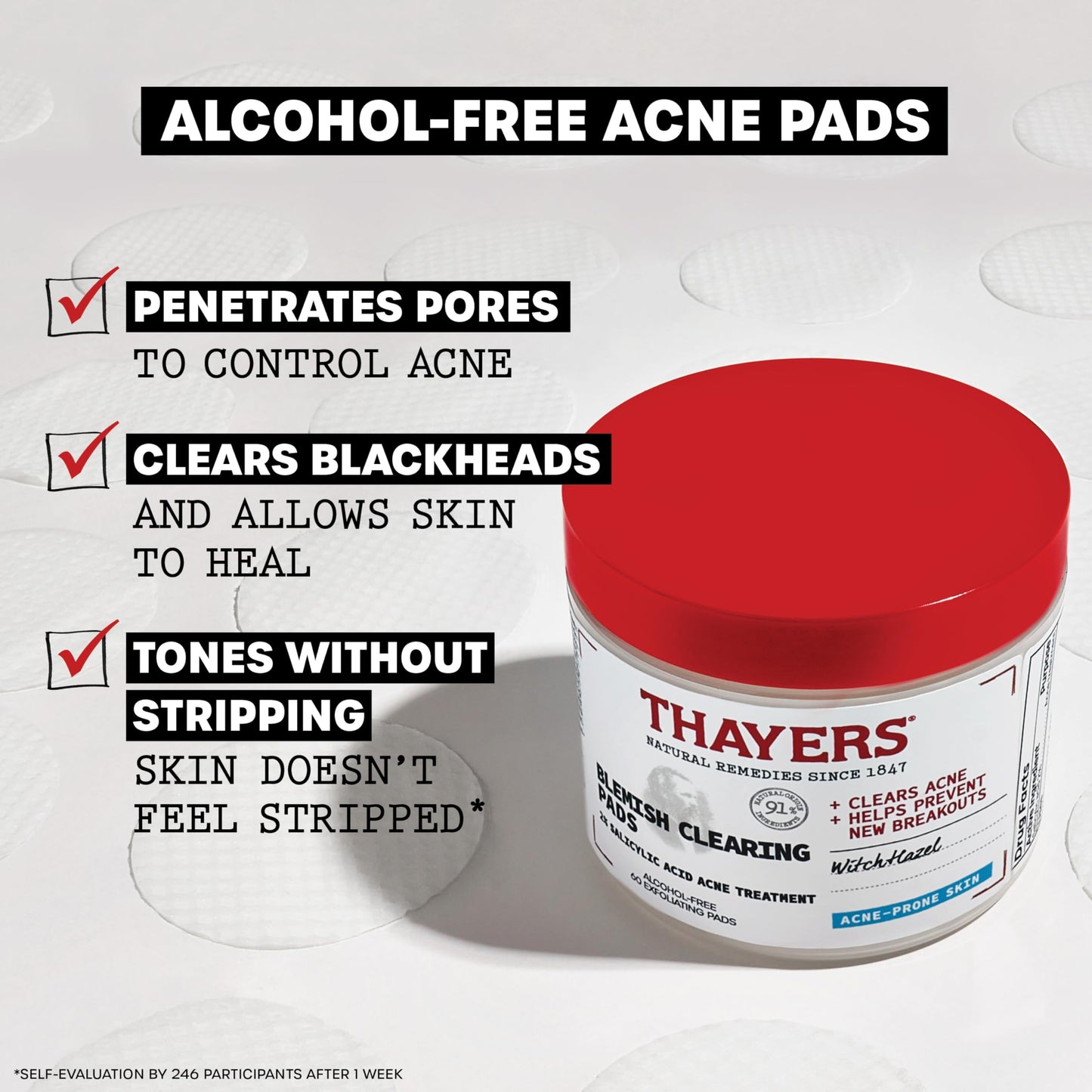 Thayers Blemish Clearing Acne Pads, Salicylic Acid Acne Treatment for Face, Pore Reducing, Exfoliating, and Soothing Skincare, Witch Hazel Toner Pads