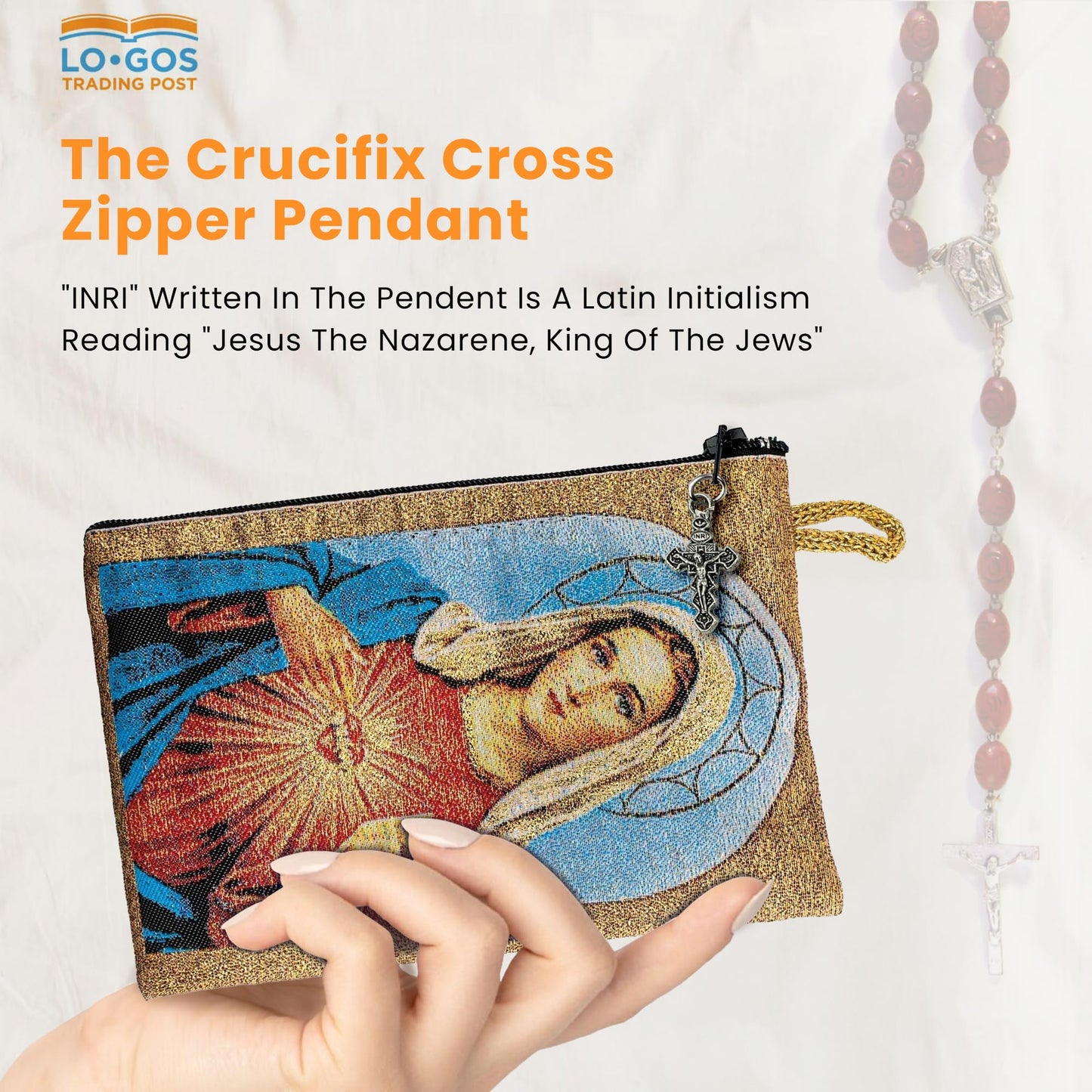 catholic rosary pouch, immaculate heart of mary & sacred jesus, 4" x 6" jewelry coin purse with cross, small woven tapestry icon bag, bolsa de…