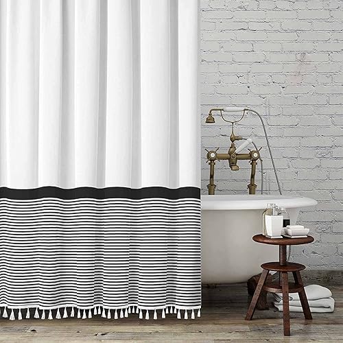 Seasonwood 96 inch Extra Long Shower Curtain Black and White Shower Curtain with Tassel 72" W x 96" L Farmhouse Striped Shower Curtains for Bathroom…