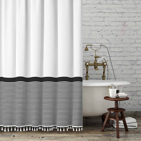 Seasonwood 96 inch Extra Long Shower Curtain Black and White Shower Curtain with Tassel 72" W x 96" L Farmhouse Striped Shower Curtains for Bathroom…