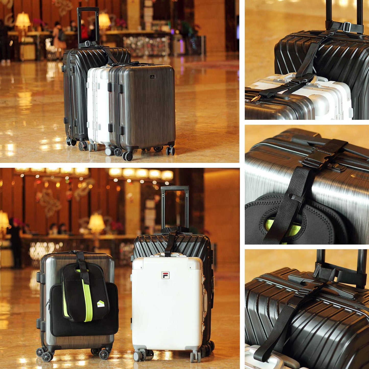 Vigorport Luggage Connector Straps 2-Pack – Adjustable Add-A-Bag Travel Accessories to Connect 3 Suitcases, Black, Extended Size