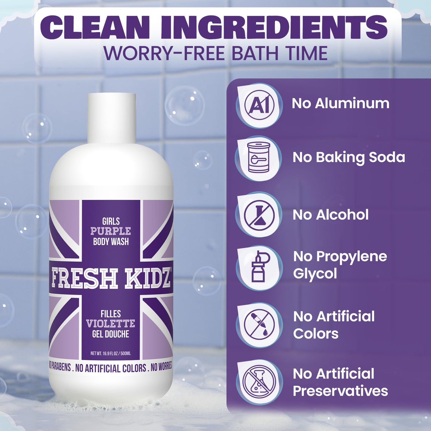 Fresh Kidz Body Wash for Kids and Teens - Gentle Bath and Shower Cleanser for All Skin Types - Girls Purple, 16.9 Fl. oz.