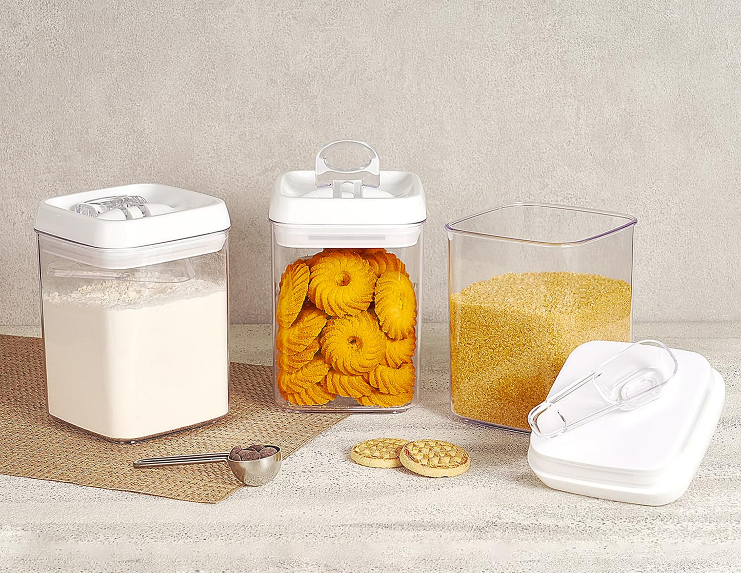 Felli Flip Tite Storage Container with Built-In Spoon & Airtight Lid 5” Large-M Ring Flip Top, Stackable Acrylic Canister for Rice Sugar Flour…