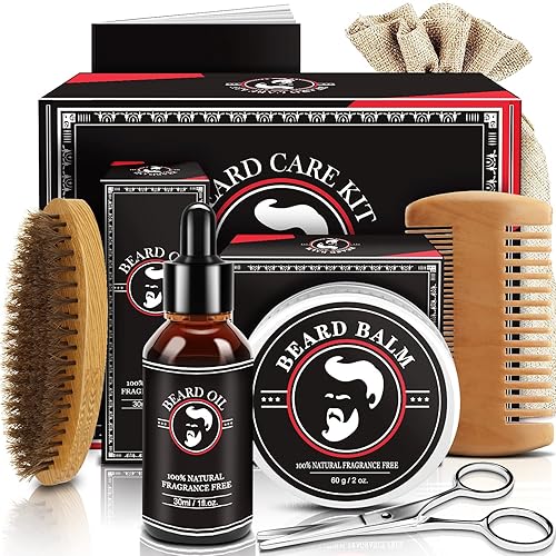 Valentines Gifts for Him, Beard Kit for Men, Beard Growth and Grooming Kit w/Beard Oil Beard Balm Beard Brush Beard Comb Beard Scissors, Christmas