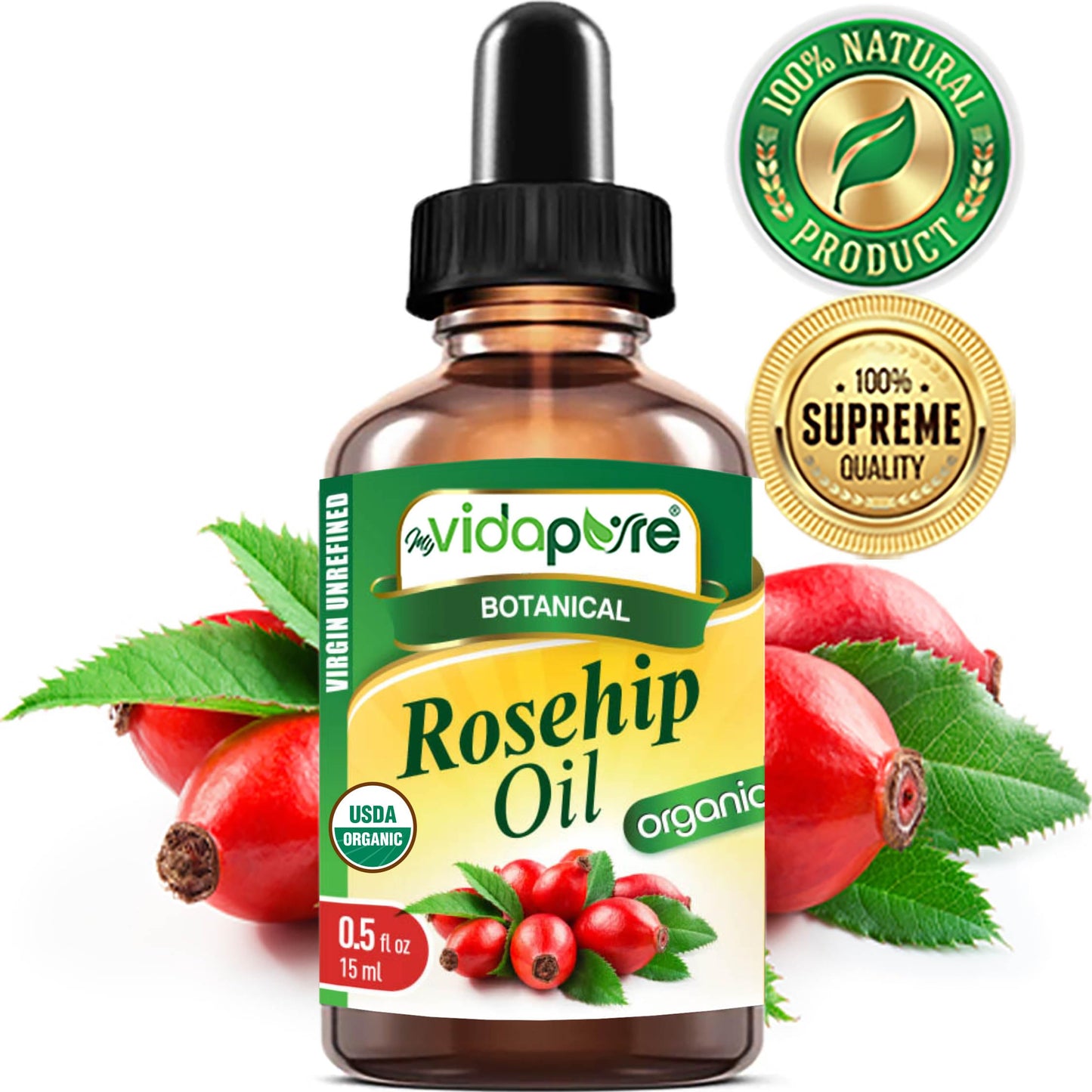MYVIDAPURE Organic Rosehip Oil Certified Organic Wild Growth RAW Pure Virgin UNREFINED for Face, Body, Hair and Lip Care (0.5 Fl Oz)