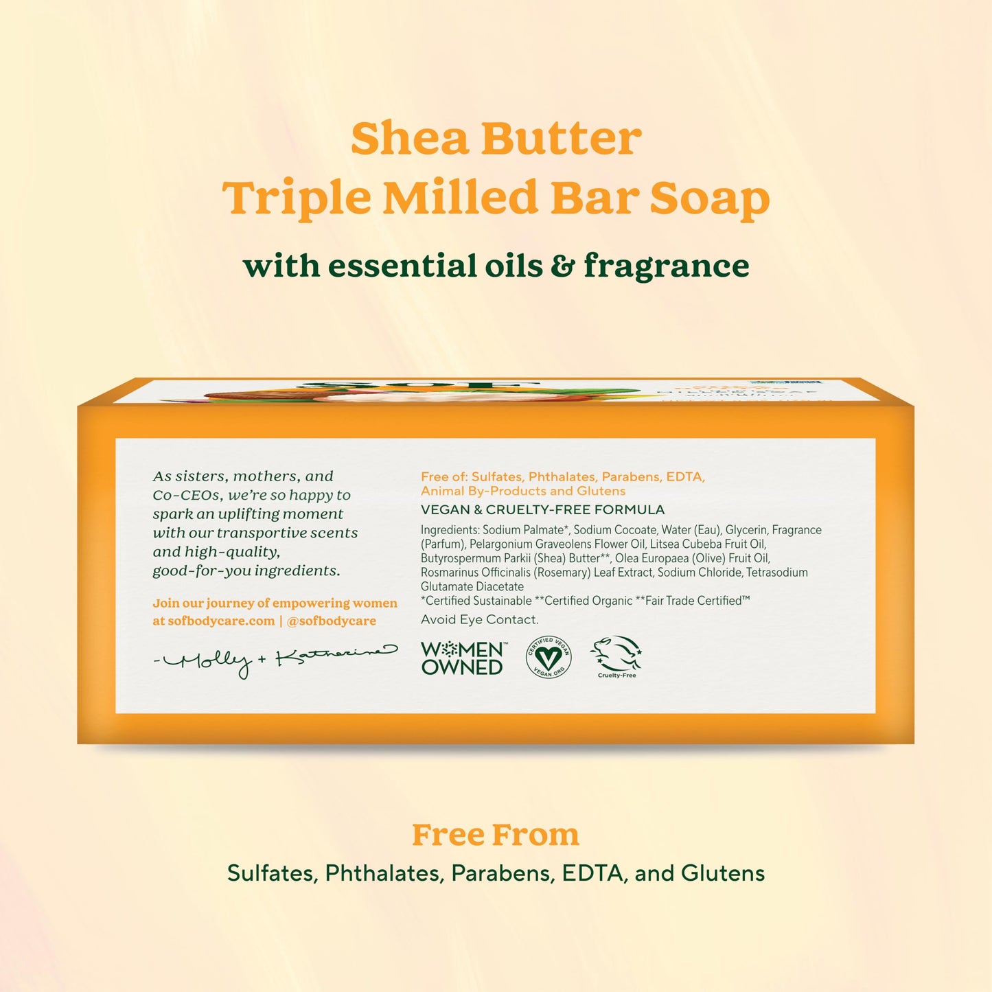 SoF Triple Milled Bar Soap - With Coconut Oil & Organic Shea Butter- Vegan & Non GMO- Free From Phthalates, Sulfates & Parabens- Shea Butter - 6 oz