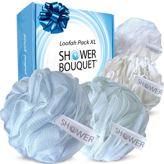SHOWER BOUQUET Loofah-Bath-Sponge XL Soft-Pastel-Colors 4-Pack // Extra-Large 75g Mesh Luffa Loofa Loufa Puff Pouf Set/Exfoliating Body Scrubber