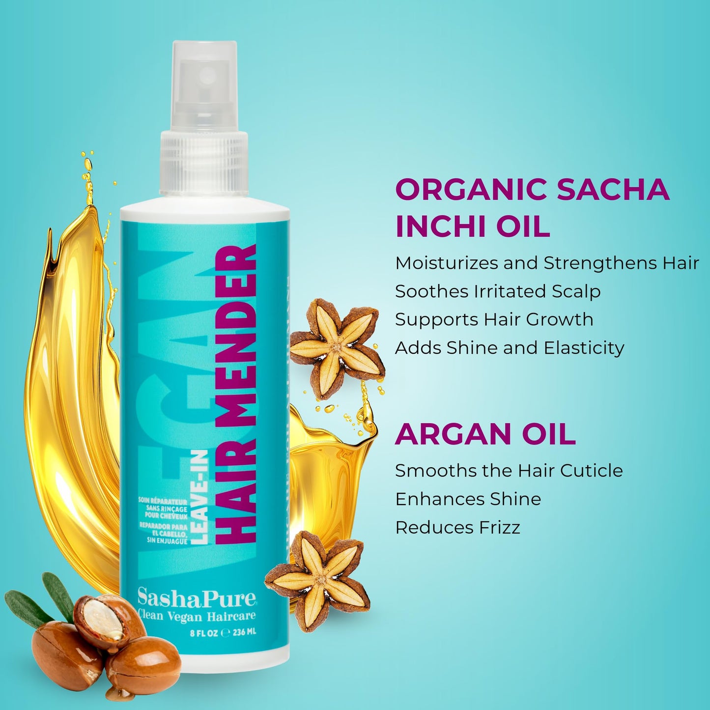 Sashapure Leave-In Hair Mender -Vegan Repair & Protection with Argan & Sacha Inchi Oil, Repairs Split Ends and Strengthens Hair, Hydrates and Restores