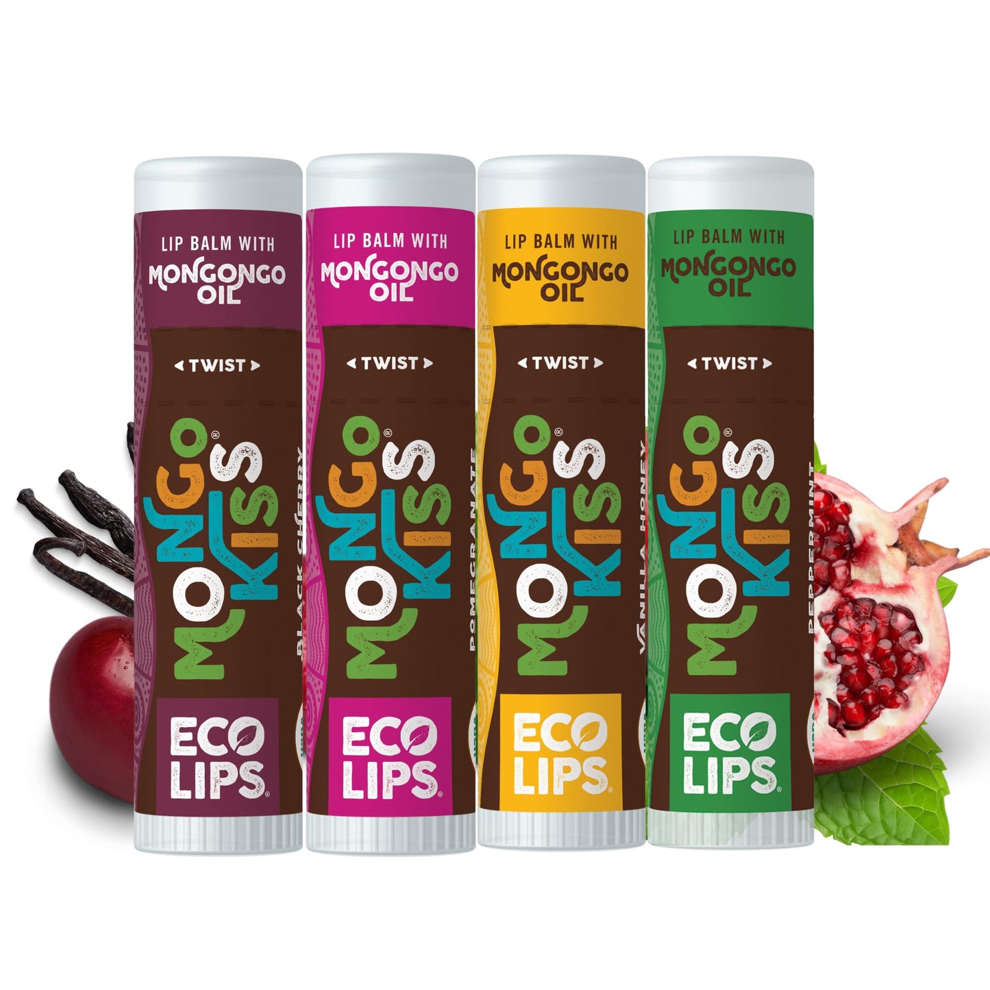 Eco Lips Mongo Kiss Organic Lip Balm 4 Pack Peppermint, Pomegranate, Vanilla Honey, Black Cherry - 100 Percent USDA Organic - Soothe, Moisturize Dry