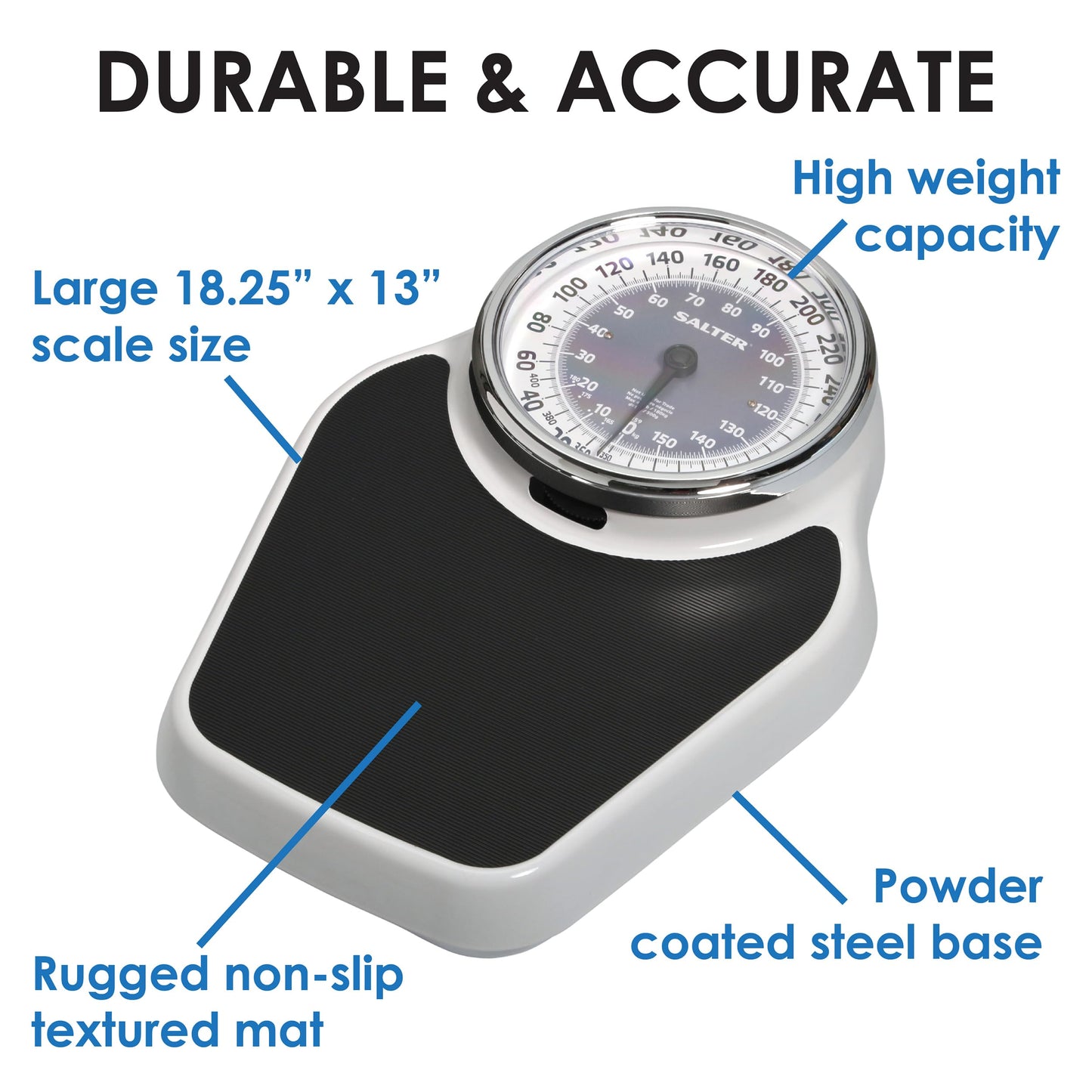 Salter Pro-Helix Professional Oversized Bathroom Scale with Black Vinyl Anti-Slip Bath Mat, 400 LB Capacity, Analog Scale, 18.25" x 13.0" Black/White