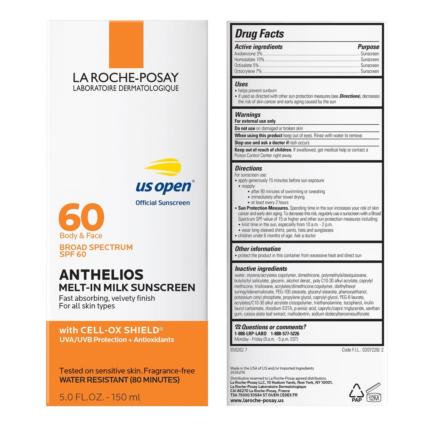 La Roche-Posay Anthelios Melt-In Milk Sunscreen SPF 60, Sunscreen For Body & Face, Broad Spectrum SPF + Antioxidants, Oil Free, Lightweight & Fast