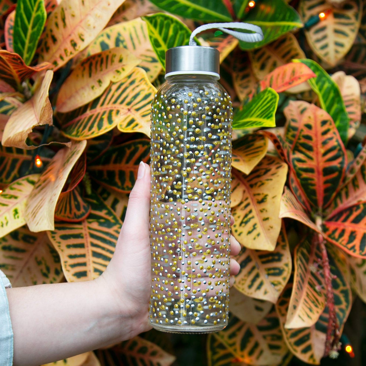 Pavilion Gift Company 16.5 Oz Hand Decorated Glass Water Bottle With Sealed Metal Twist Off Lid Silver & Gold Polka Dot, Gold