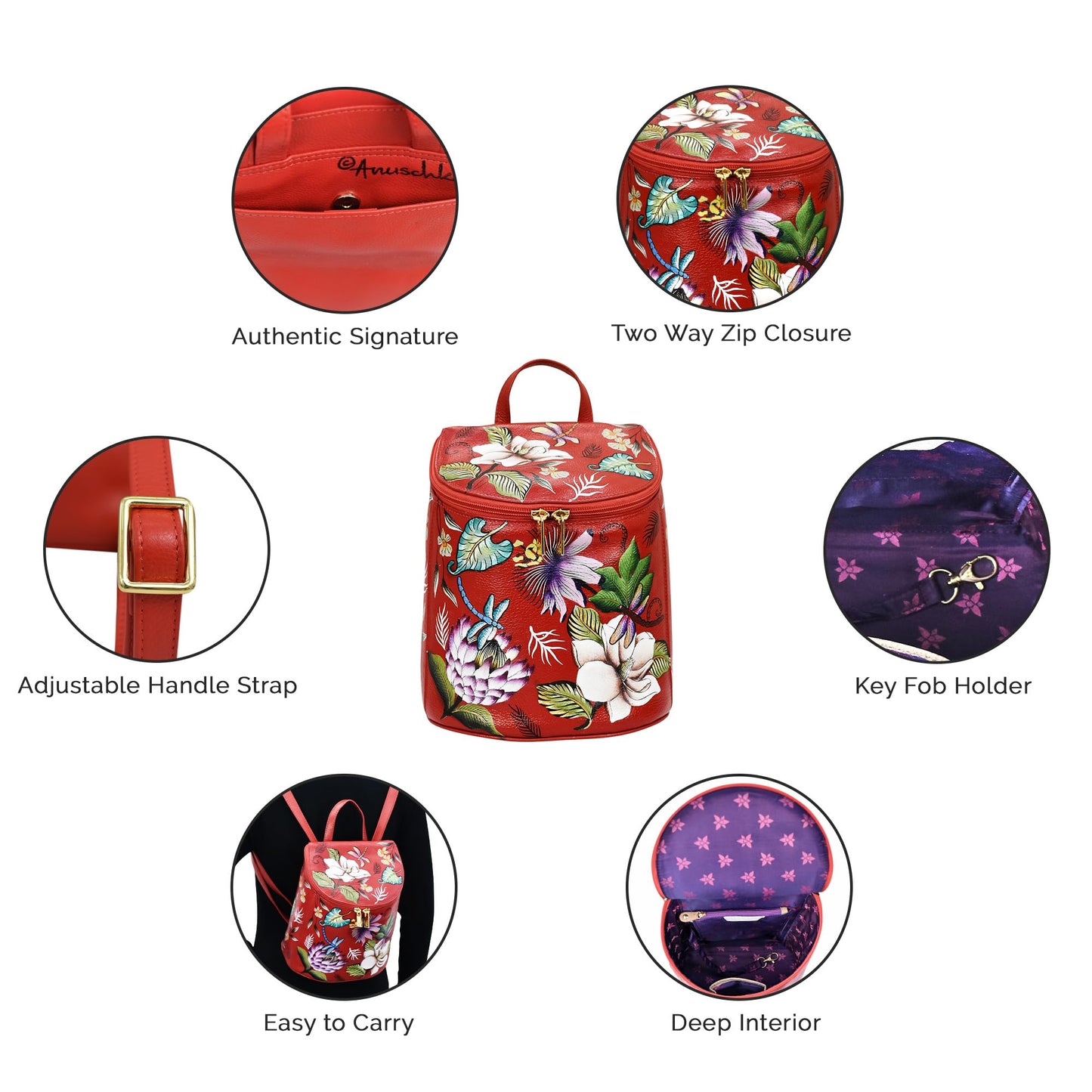 Anuschka Women’s Original Leather Hand-Painted Backpack, Crimson Garden