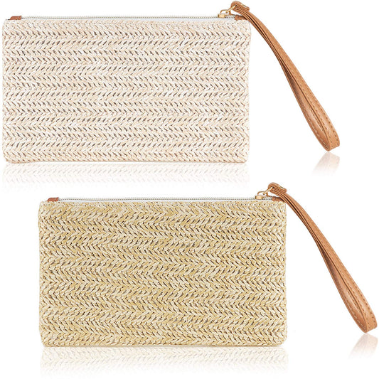 Frienda 2 Pieces Straw Clutch Purse Straw Handbag for Women Summer Beach Bag Bohemian Wristlet Bag(Beige-White, Beige-Yellow)