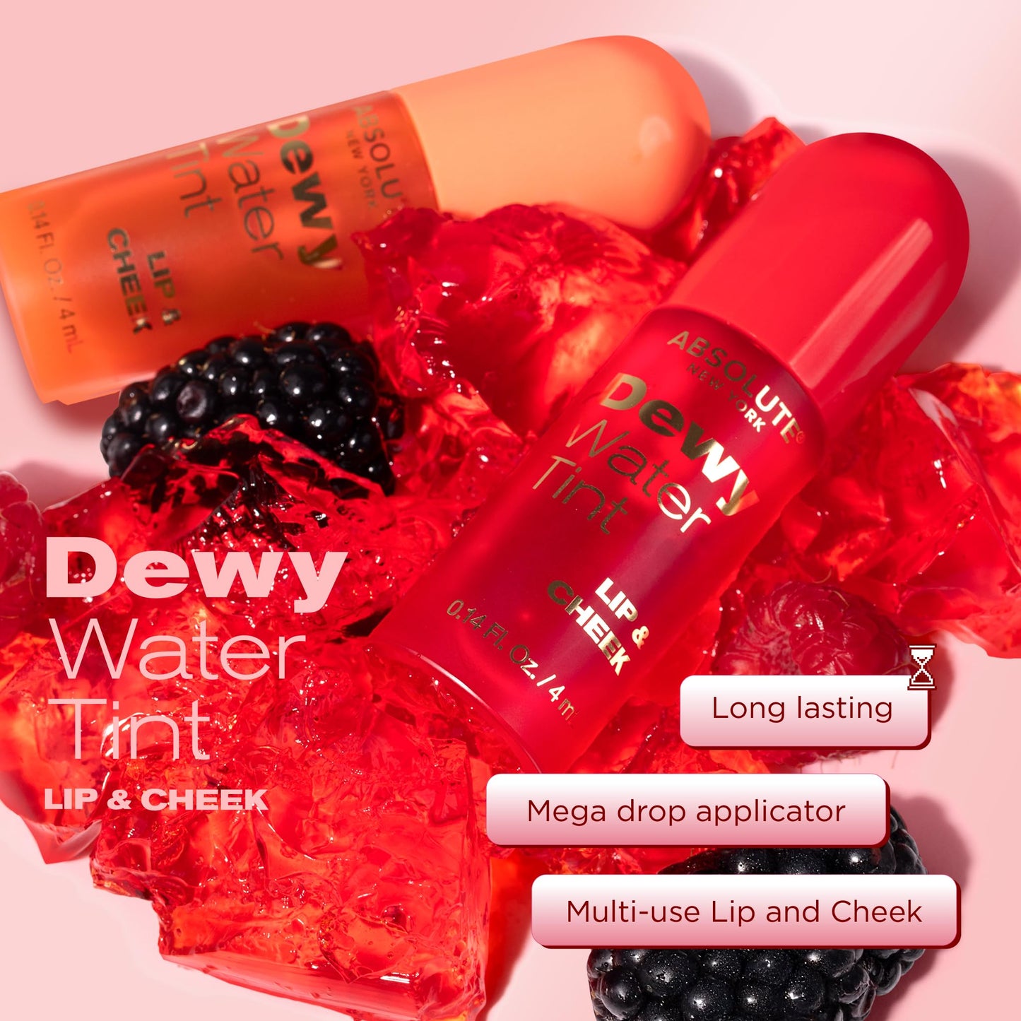 Absolute New York Dewy Water Lip and Cheek Tint, Glassy Tinted Lip Oil, with Vitamin E, Squalane and Jojoba Seed Oil (MLTN04 Raspberry Sorbet)