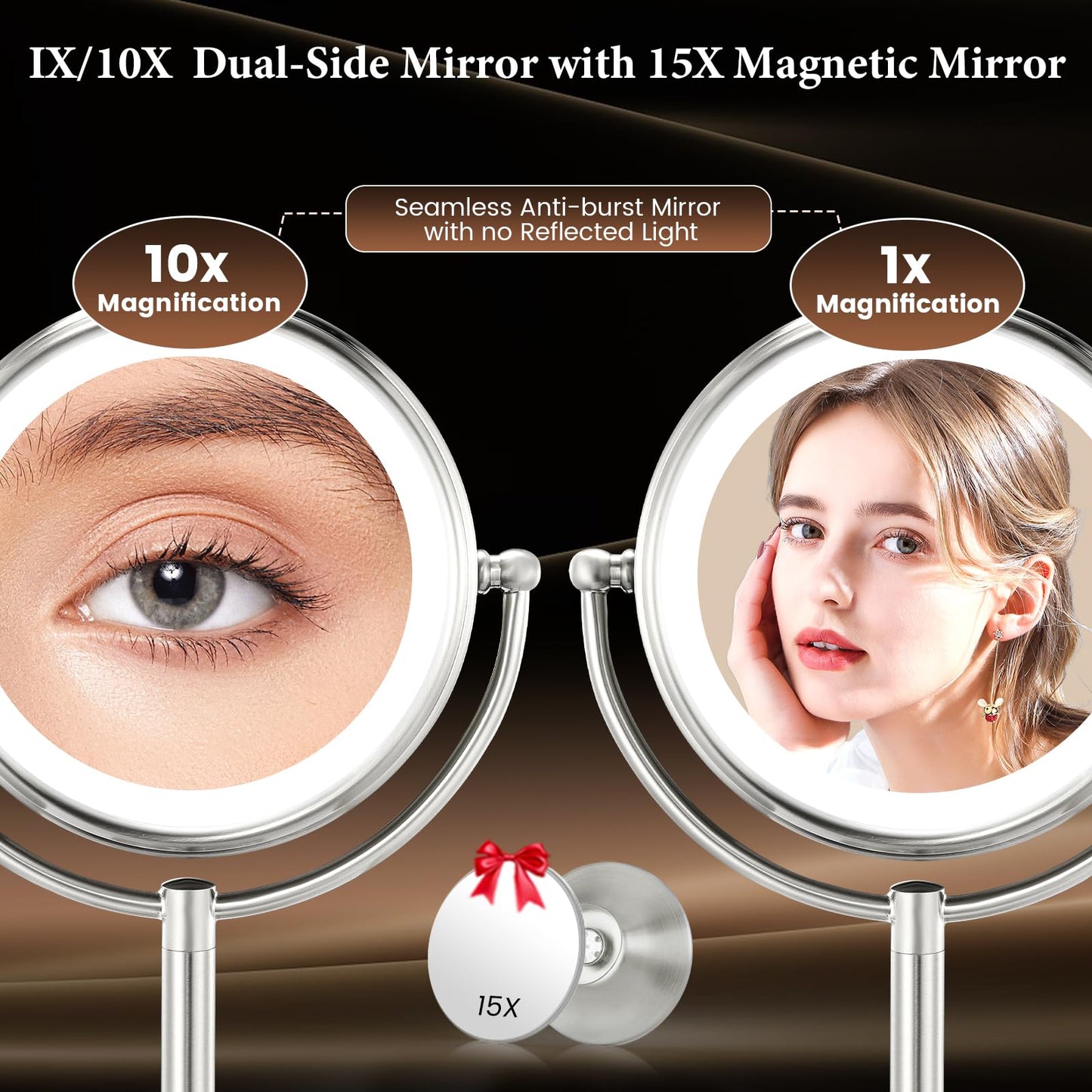 Professional 8.5" Large Lighted Makeup Mirror with Brighter Lights, 1X/10X True HD Magnifying Mirror with 3 Color Dimmable Lights, 90 Shadowless LEDs Beauty and Personal Care VESAUR