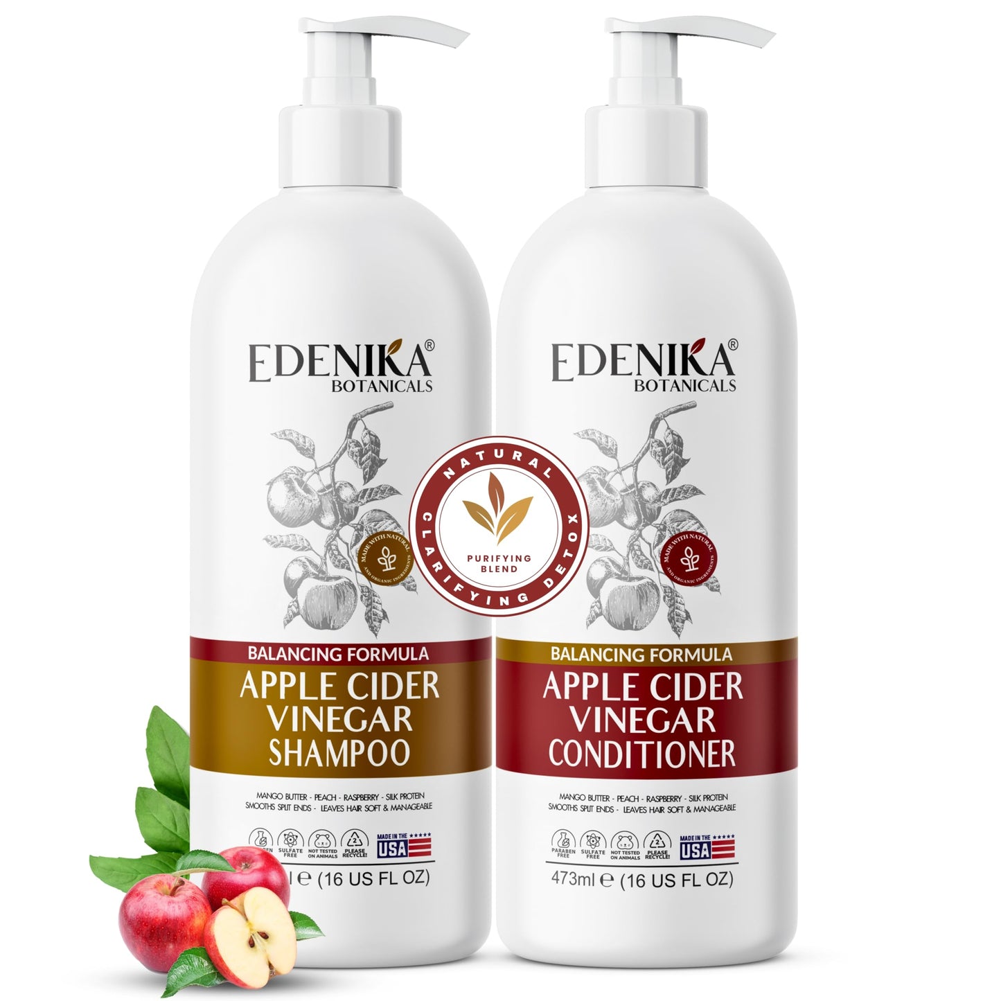 Edenika Botanicals Apple Cider Vinegar Shampoo and Conditioner Set, Deep Cleans, Clarifies, Detoxes Scalp & Hair, Balances pH, Botanical, Sulfate