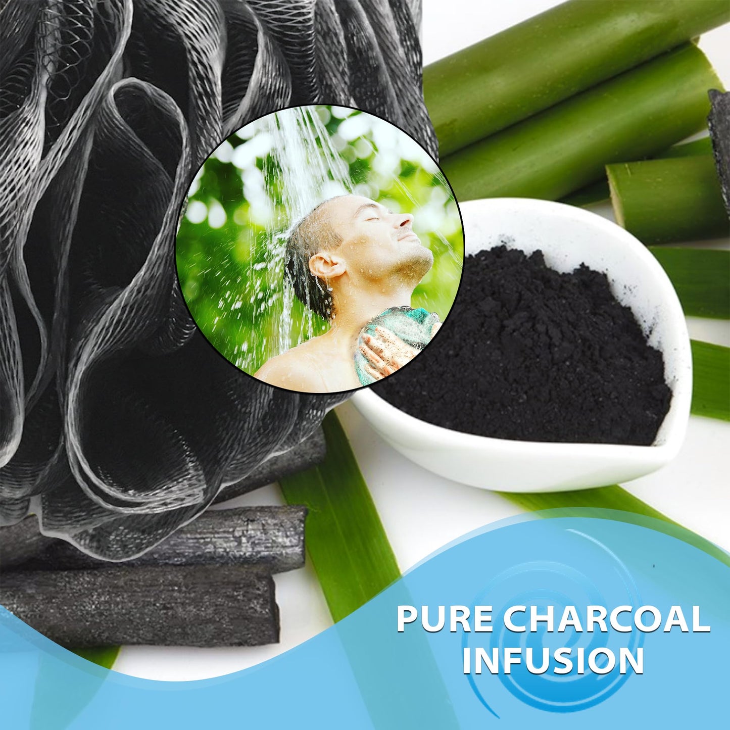 SHOWER BOUQUET Loofah-Charcoal Bath-Sponge XL-Color-4-Pack // Extra Large 75g Soft Mesh Black Luffa Loofa Loufa Puff Set/Exfoliating Body Scrubber