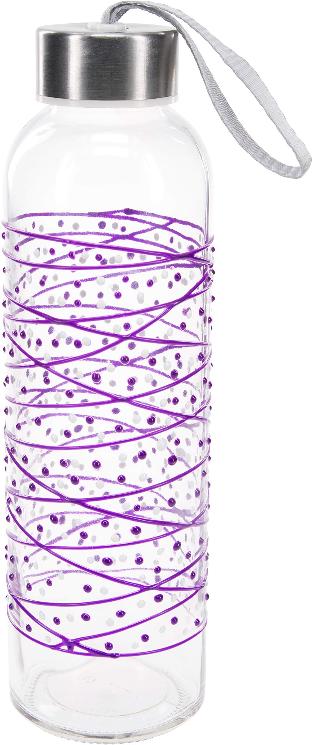 Pavilion Gift Company 16.5 Oz Hand Decorated Glass Water Bottle With Sealed Metal Twist Off Lid Purple & White Polka Dot Tangle, Purple