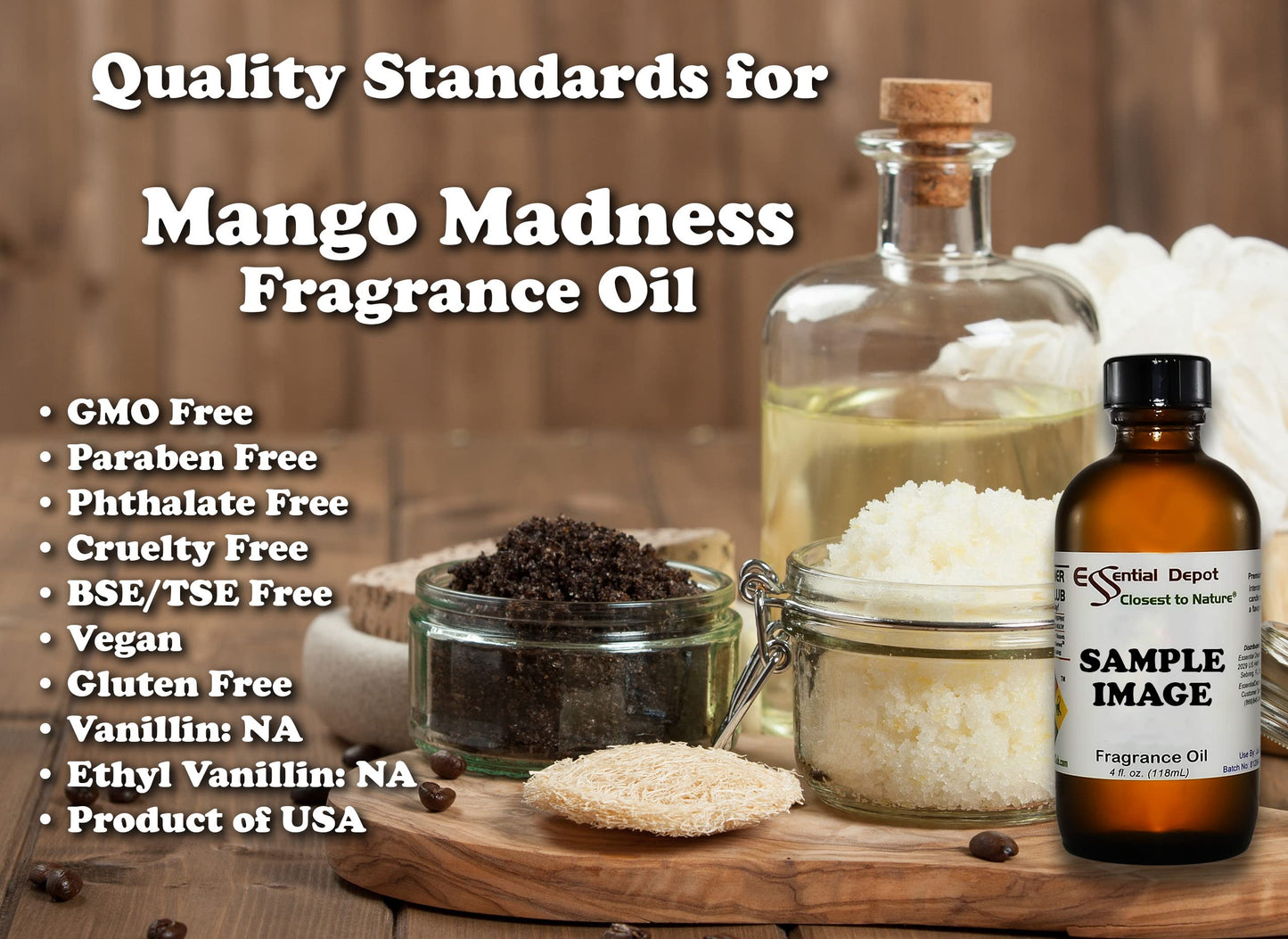 Essential Depot Mango Madness Fragrance Oil - Supplied in 4 oz. Amber Glass Bottle with Black Phenolic Cone Lined and Safety Sealed Cap.